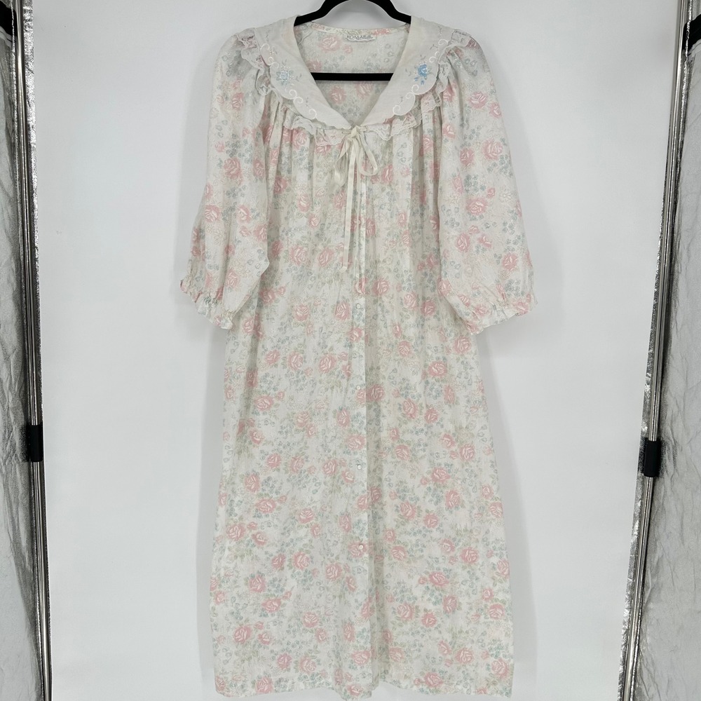 VTG Komar Rose Pink Ruffle Lace Nightgown Maxi Dress Robe Pockets 70s 80s USA L